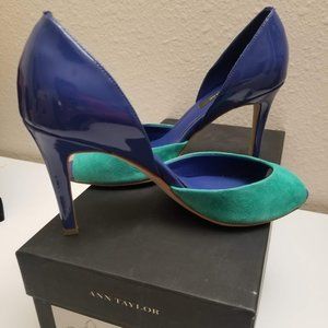 Ann Taylor Perfect Colorblock Blue Peeptoe Dorsay Heels (Size 7)